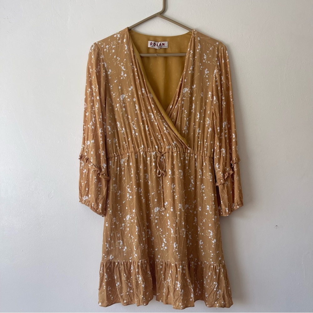 Anthropologie Dolan Women Dress Sz M Yellow White Floral Tie Waist Wrap Bohemian
